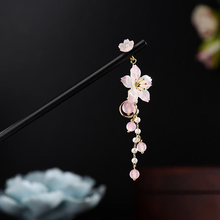 Horquilla de madera con borlas y flores de pera de estilo artístico con Buddha Stones