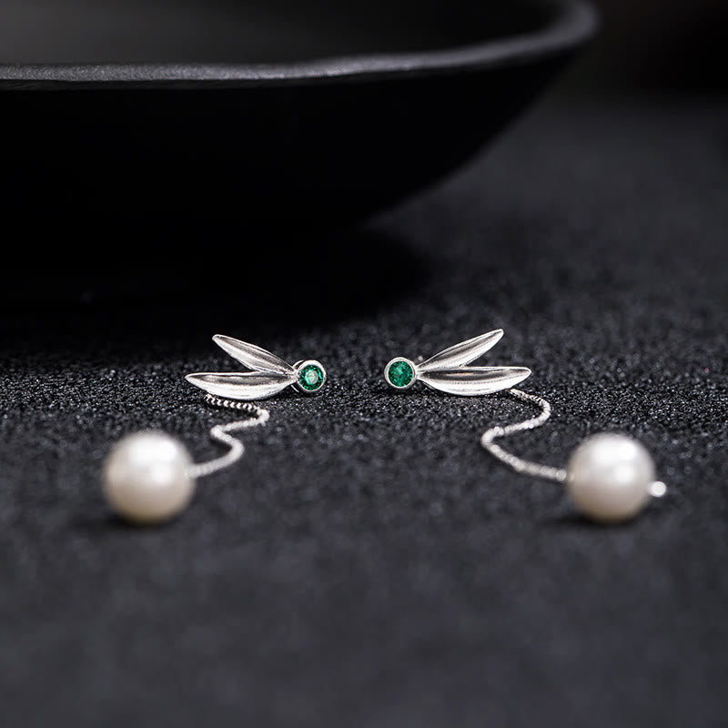 Pendientes colgantes con protección de hojas de bambú, circonitas y perlas de plata de ley 925 con Buddha Stones - image 6