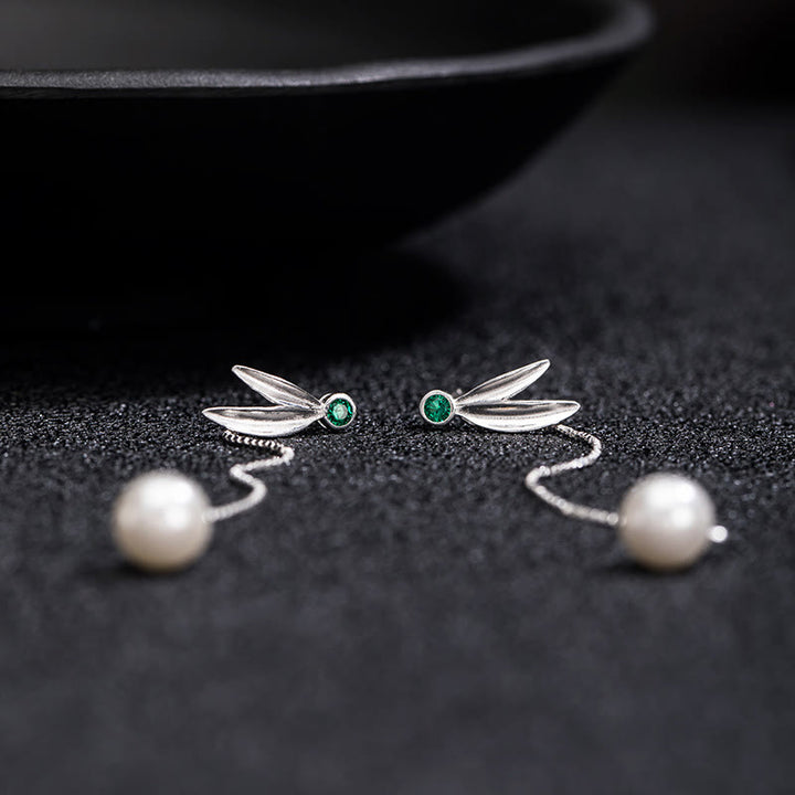 Pendientes colgantes con protección de hojas de bambú, circonitas y perlas de plata de ley 925 con Buddha Stones - image 6