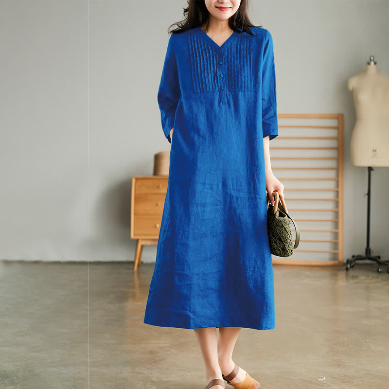 Vestido midi informal con diseño de acordeón, cuello en V, media manga y bolsillos, de Buddha Stones - DodgerBlue - US12, UK/AU16, EU44 (3XL) - image 4
