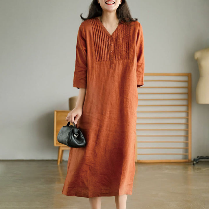 Vestido midi informal con diseño de acordeón, cuello en V, media manga y bolsillos, de Buddha Stones - Coral - US12, UK/AU16, EU44 (3XL) - image 6