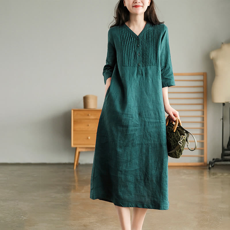 Vestido midi informal con diseño de acordeón, cuello en V, media manga y bolsillos, de Buddha Stones - Verde azulado - US12, UK/AU16, EU44 (3XL) - image 0