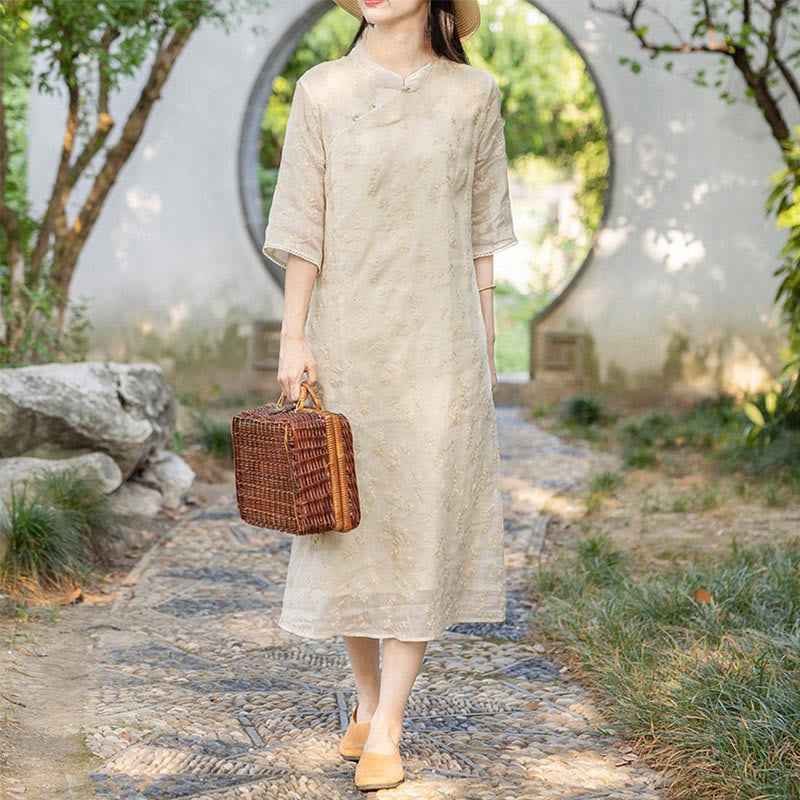 Vestido midi informal de ramio con cuello alto, media manga y bordado de Buddha Stones con bolsillos - Encaje antiguo - US8-10，UK/AU12-14，EU40-42 (2XL) - image 0