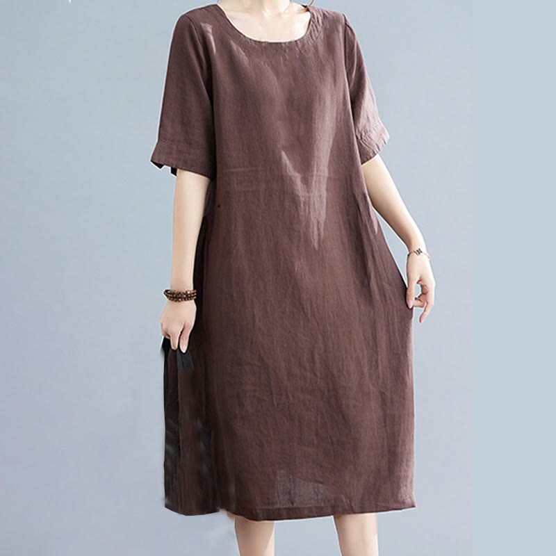 Vestido midi informal holgado de algodón y lino, color liso, con cuello redondo y media manga y bolsillos, de Buddha Stones - image 7