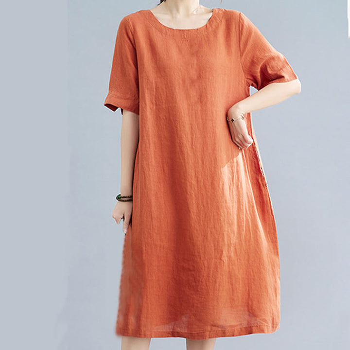 Vestido midi informal holgado de algodón y lino, color liso, con cuello redondo y media manga y bolsillos, de Buddha Stones - image 14