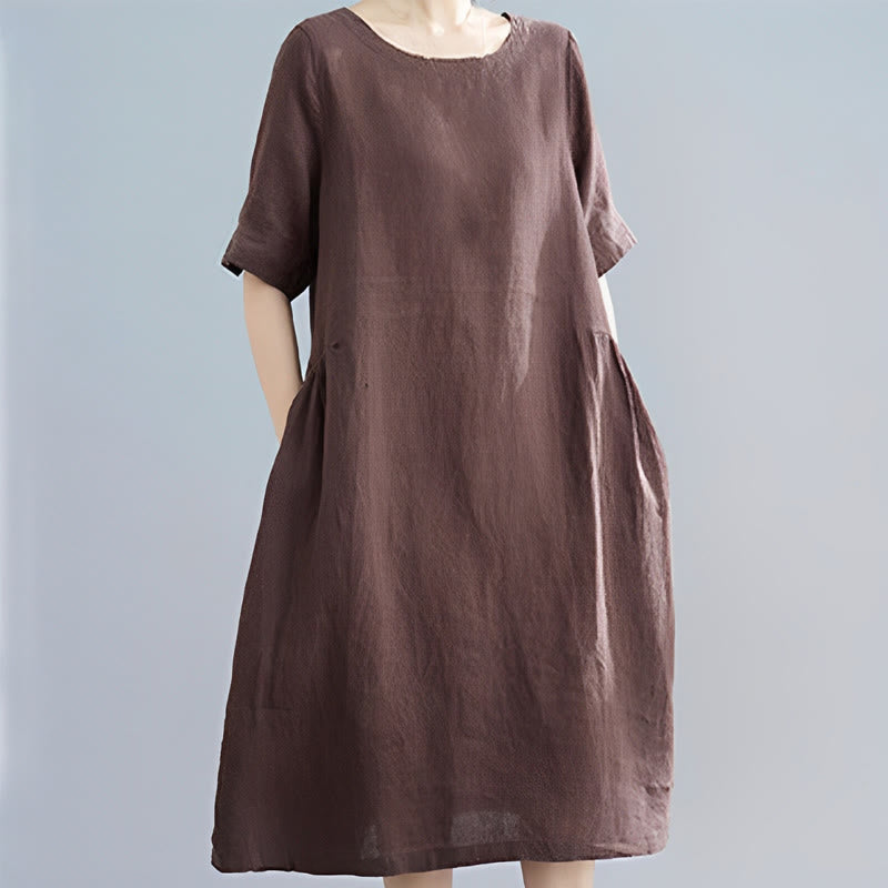 Vestido midi informal holgado de algodón y lino, color liso, con cuello redondo y media manga y bolsillos, de Buddha Stones - SaddleBrown - US8-10，UK/AU12-14，EU40-42 (2XL) - image 6