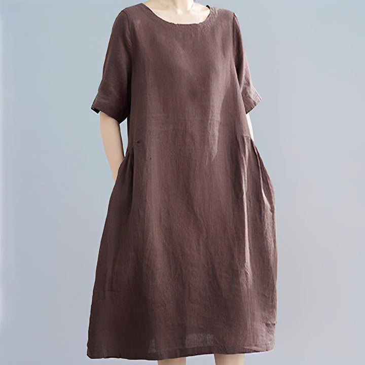 Vestido midi informal holgado de algodón y lino, color liso, con cuello redondo y media manga y bolsillos, de Buddha Stones - SaddleBrown - US8-10，UK/AU12-14，EU40-42 (2XL) - image 6