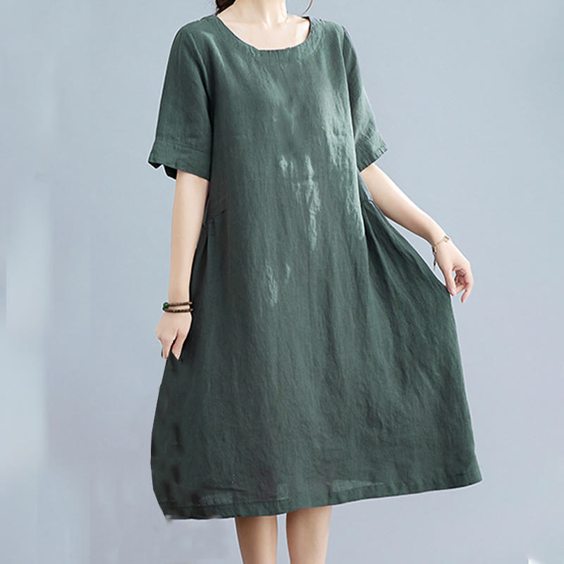 Vestido midi informal holgado de algodón y lino, color liso, con cuello redondo y media manga y bolsillos, de Buddha Stones - Verde azulado - US8-10，UK/AU12-14，EU40-42 (2XL) - image 1