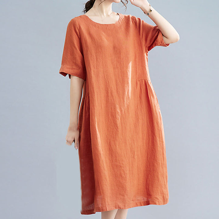 Vestido midi informal holgado de algodón y lino, color liso, con cuello redondo y media manga y bolsillos, de Buddha Stones - image 17