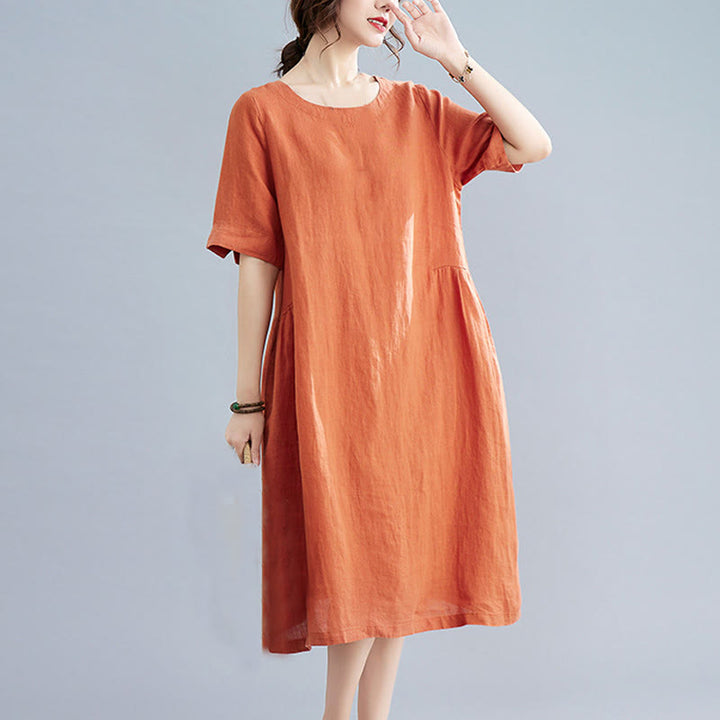 Vestido midi informal holgado de algodón y lino, color liso, con cuello redondo y media manga y bolsillos, de Buddha Stones - Coral - US8-10，UK/AU12-14，EU40-42 (2XL) - image 13
