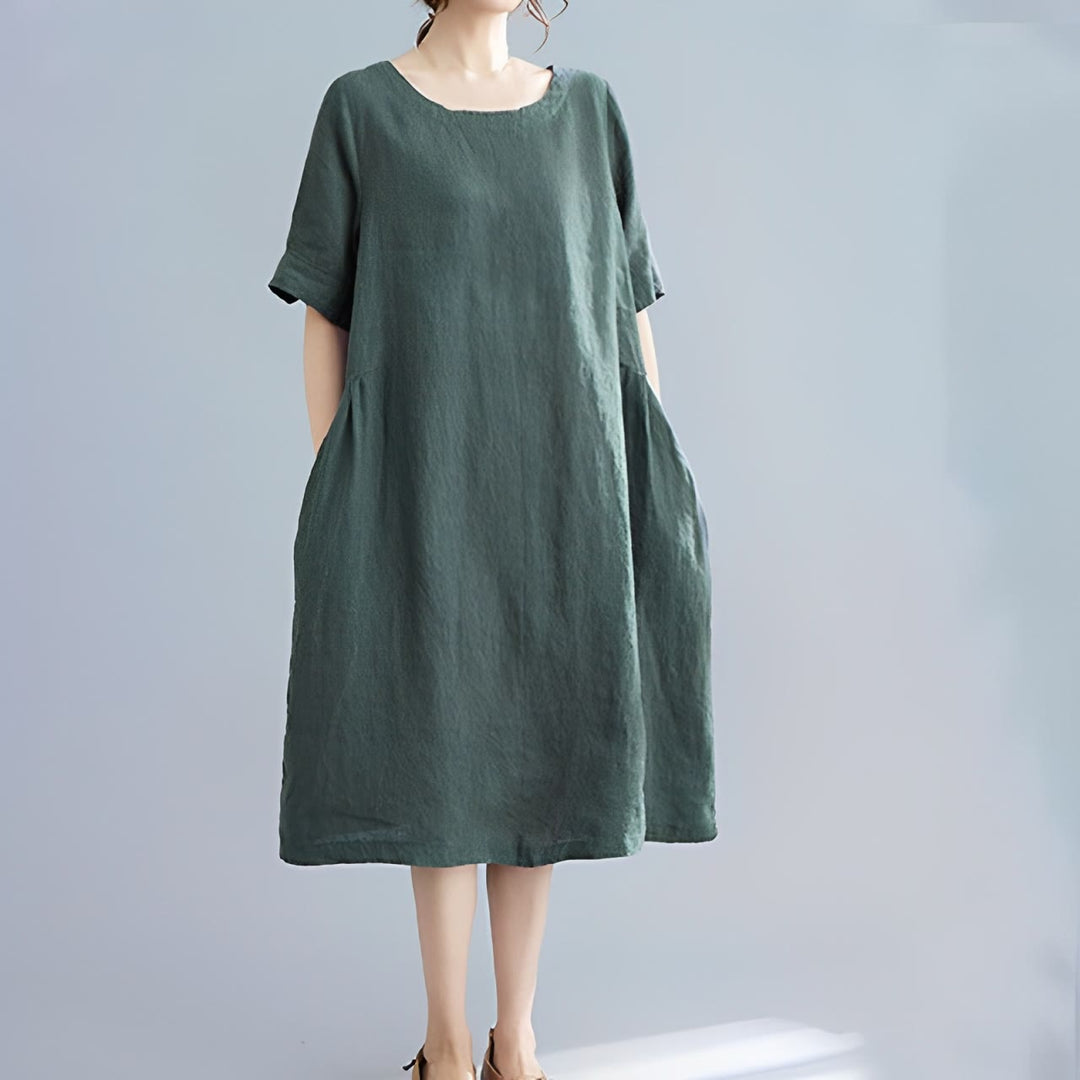 Vestido midi informal holgado de algodón y lino, color liso, con cuello redondo y media manga y bolsillos, de Buddha Stones - image 5