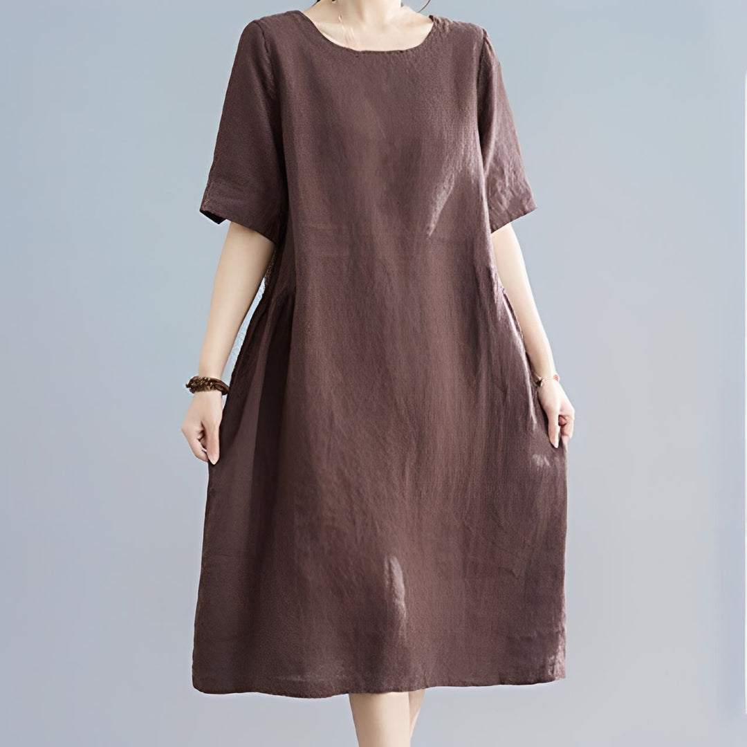 Vestido midi informal holgado de algodón y lino, color liso, con cuello redondo y media manga y bolsillos, de Buddha Stones - image 12