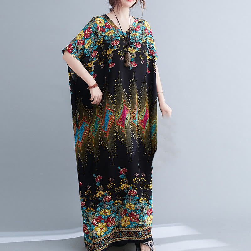 Vestido midi informal de poliéster con estampado floral, cuello en V, media manga y bolsillos, con estampado de Buddha Stones