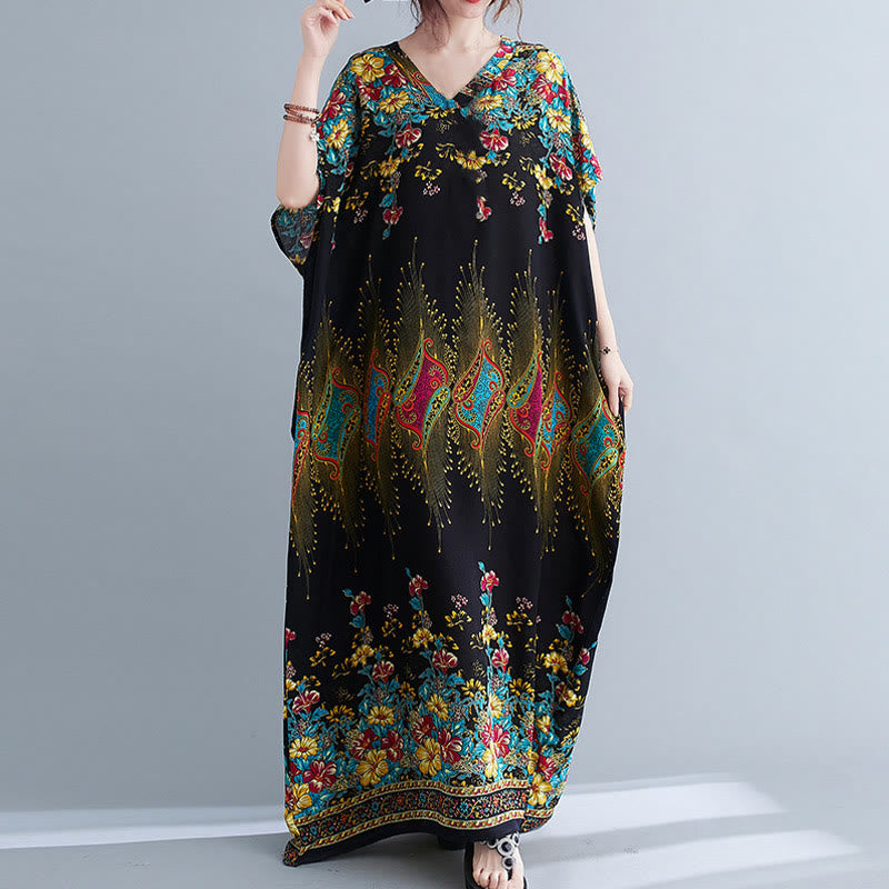 Vestido midi informal de poliéster con estampado floral, cuello en V, media manga y bolsillos, con estampado de Buddha Stones