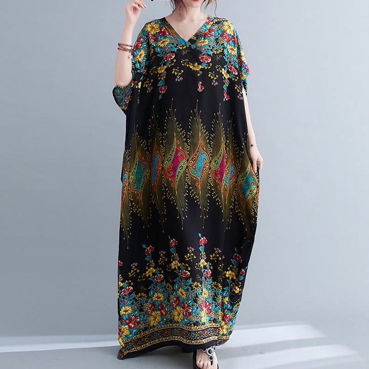 Vestido midi informal de poliéster con estampado floral, cuello en V, media manga y bolsillos, con estampado de Buddha Stones