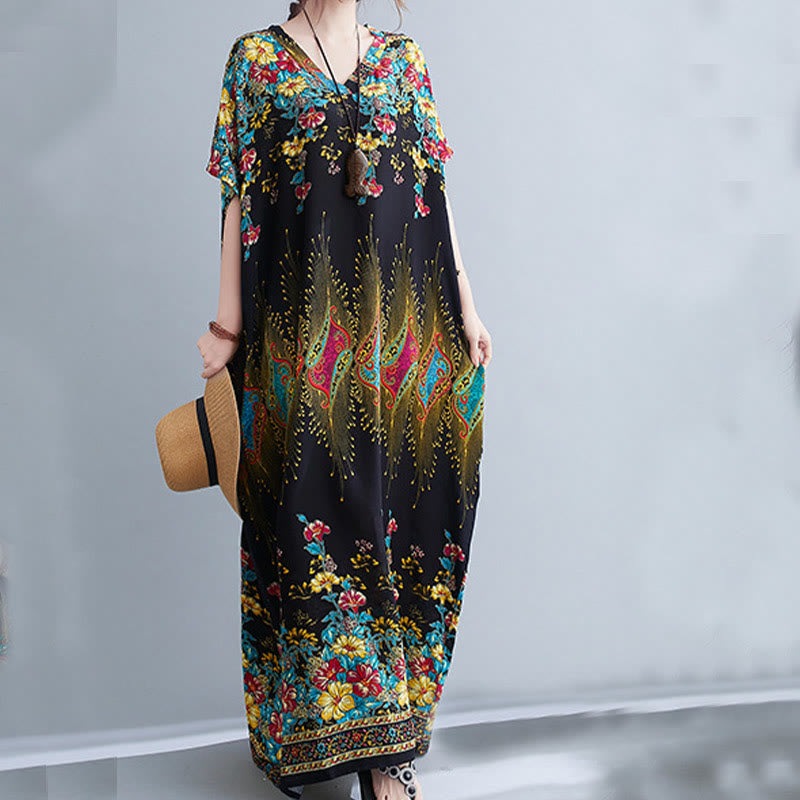 Vestido midi informal de poliéster con estampado floral, cuello en V, media manga y bolsillos, con estampado de Buddha Stones