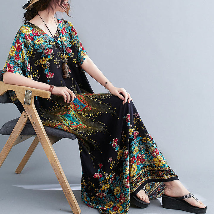 Vestido midi informal de poliéster con estampado floral, cuello en V, media manga y bolsillos, con estampado de Buddha Stones