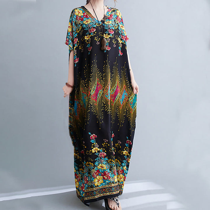 Vestido midi informal de poliéster con estampado floral, cuello en V, media manga y bolsillos, con estampado de Buddha Stones