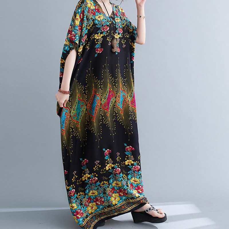 Vestido midi informal de poliéster con estampado floral, cuello en V, media manga y bolsillos, con estampado de Buddha Stones