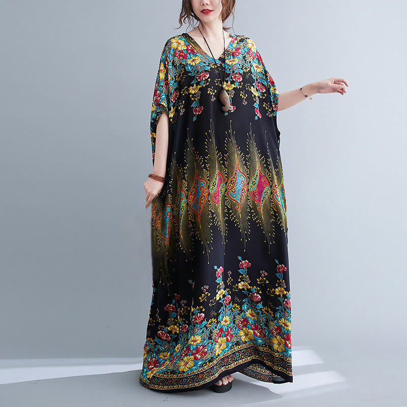 Vestido midi informal de poliéster con estampado floral, cuello en V, media manga y bolsillos, con estampado de Buddha Stones