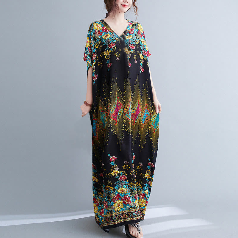 Vestido midi informal de poliéster con estampado floral, cuello en V, media manga y bolsillos, con estampado de Buddha Stones