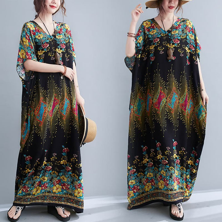 Vestido midi informal de poliéster con estampado floral, cuello en V, media manga y bolsillos, con estampado de Buddha Stones