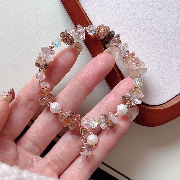 Pulsera curativa con flores de cristal Super Seven y cuarzo fresa natural y cuarzo fresa verde de Buddha Stones