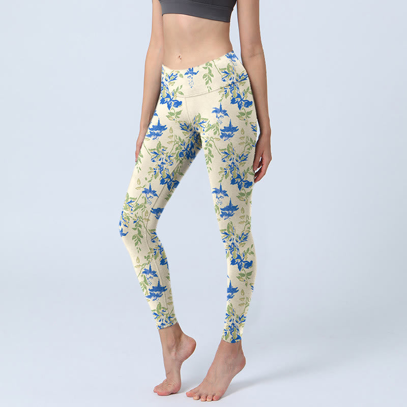 Leggings deportivos para gimnasio con estampado de hojas y flores de color azul oscuro y Buddha Stones para mujer - Barba de maíz - US18，UK/AU22，EU50 (4XL) - image 1