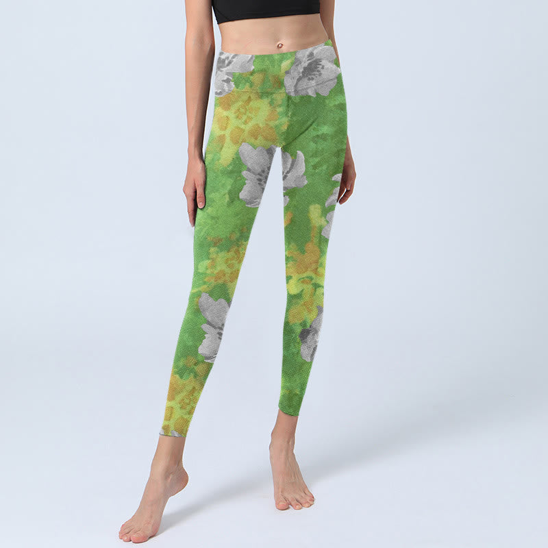 Leggings deportivos de fitness con estampado de flores en gris, verde y amarillo y Buddha Stones para mujer - image 5