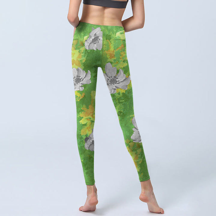 Leggings deportivos de fitness con estampado de flores en gris, verde y amarillo y Buddha Stones para mujer - image 6
