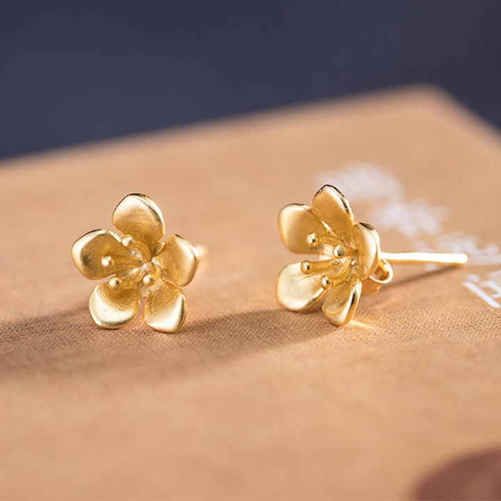 Pendientes de plata de ley 925 con Buddha Stones y flor de melocotón dorada