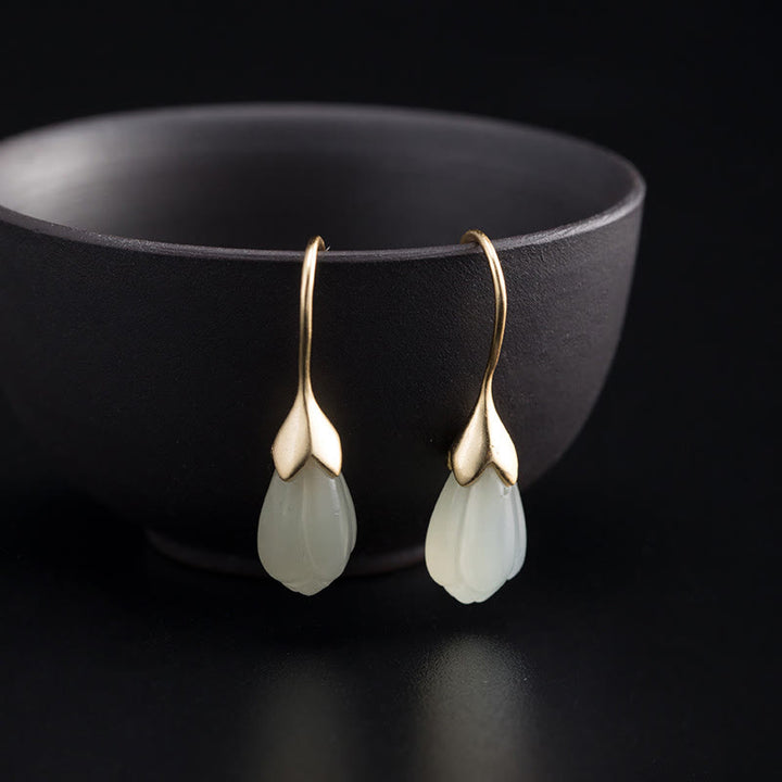 Pendientes colgantes de plata de ley 925 con Buddha Stones y magnolia de jade hetiano