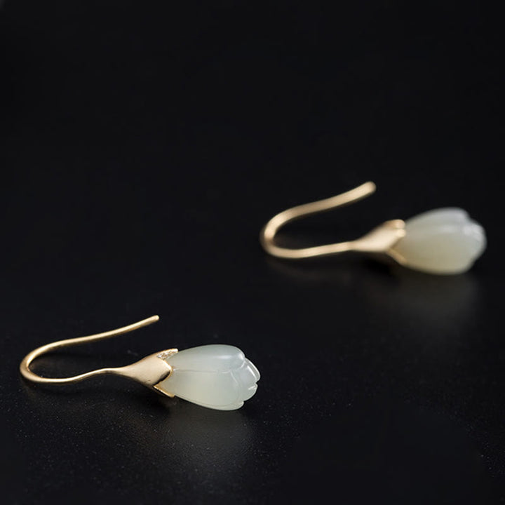Pendientes colgantes de plata de ley 925 con Buddha Stones y magnolia de jade hetiano