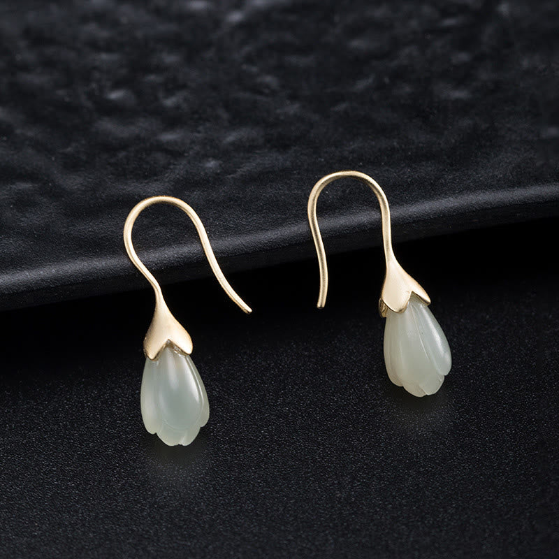 Pendientes colgantes de plata de ley 925 con Buddha Stones y magnolia de jade hetiano