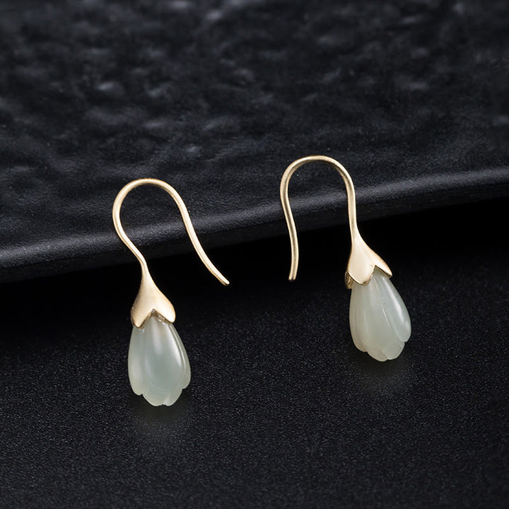 Pendientes colgantes de plata de ley 925 con Buddha Stones y magnolia de jade hetiano