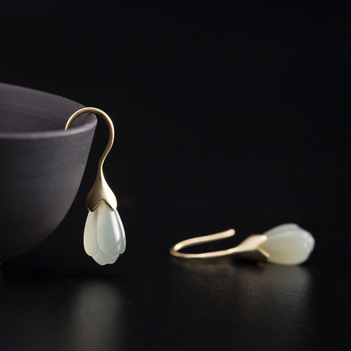 Pendientes colgantes de plata de ley 925 con Buddha Stones y magnolia de jade hetiano