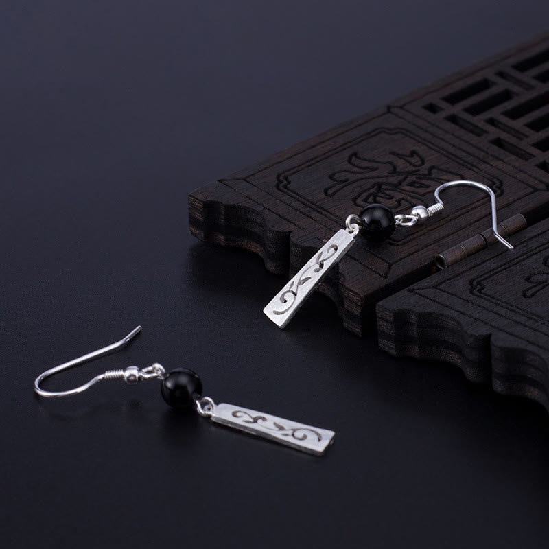 Pendientes colgantes de protección con forma de enredadera hueca de ónix negro y Buddha Stones en plata de ley 925