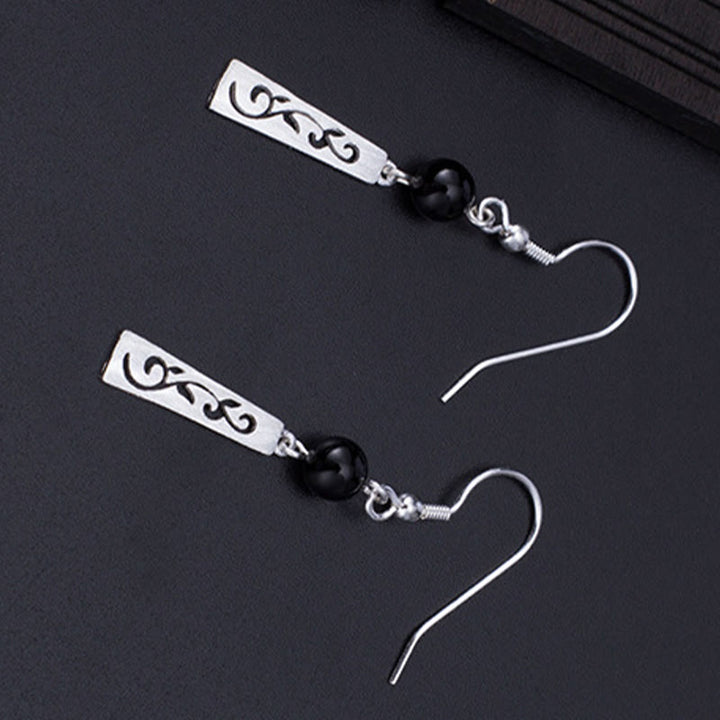 Pendientes colgantes de protección con Buddha Stones en plata de ley 925 y ónix negro con forma de enredadera hueca - image 2