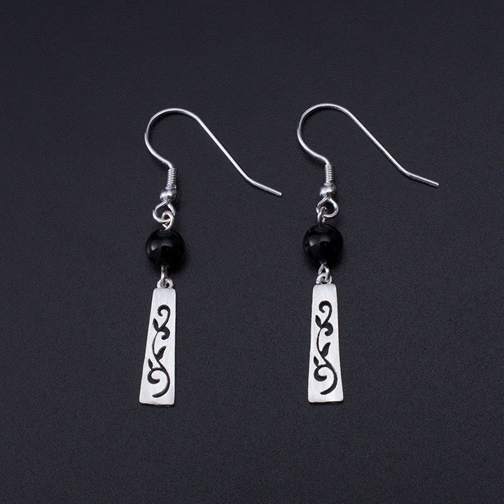 Pendientes colgantes de protección con Buddha Stones en plata de ley 925 y ónix negro con forma de enredadera hueca - Plata de ley 925 - image 0