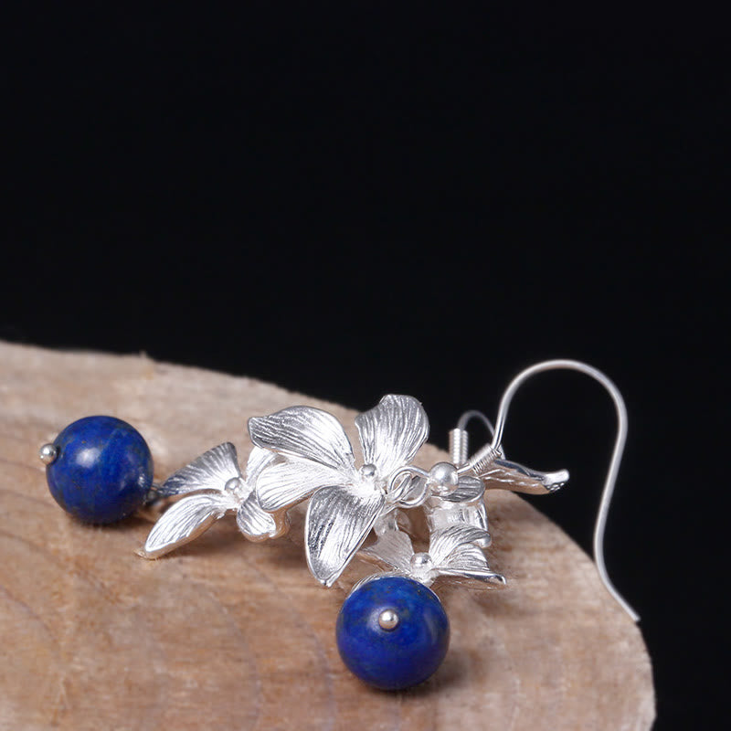 Pendientes colgantes con diseño de flor de estilo étnico de lapislázuli y lazurita en plata de ley 925 con Buddha Stones - image 3