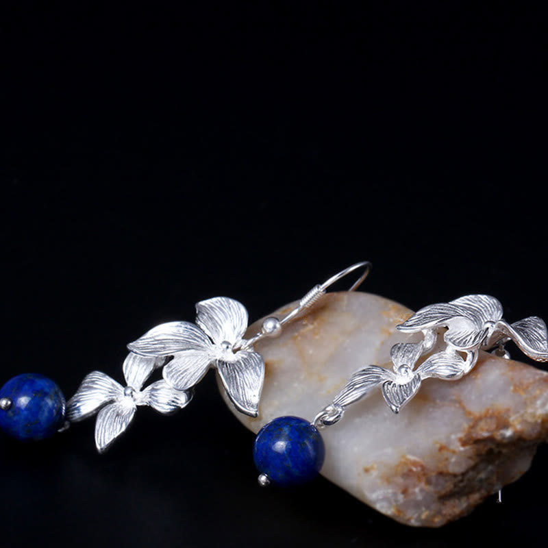 Pendientes colgantes con diseño de flor de estilo étnico de lapislázuli y lazurita en plata de ley 925 con Buddha Stones - image 1