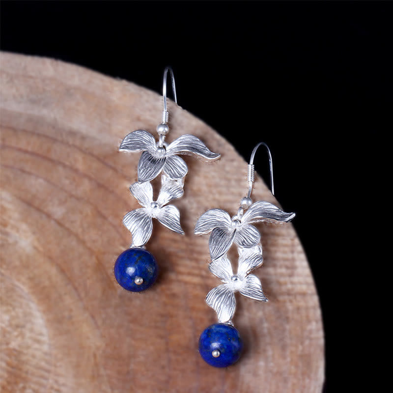 Pendientes colgantes con diseño de flor de estilo étnico de lapislázuli y lazurita en plata de ley 925 con Buddha Stones - image 2