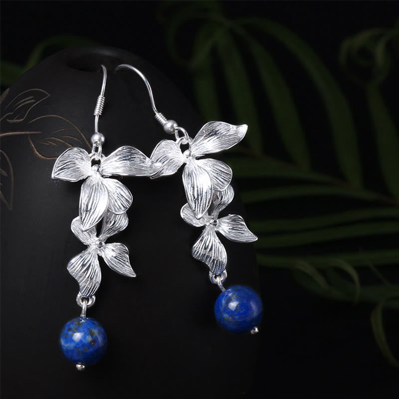 Pendientes colgantes con diseño de flor de estilo étnico de lapislázuli y lazurita en plata de ley 925 con Buddha Stones - Plata de ley 925 - image 0