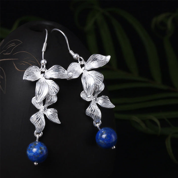 Pendientes colgantes con diseño de flor de estilo étnico de lapislázuli y lazurita en plata de ley 925 con Buddha Stones - Plata de ley 925 - image 0