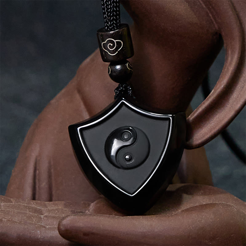 Colgante de collar con símbolo de fuerza Yin Yang con diseño de escudo de obsidiana negra y Buddha Stones - image 3