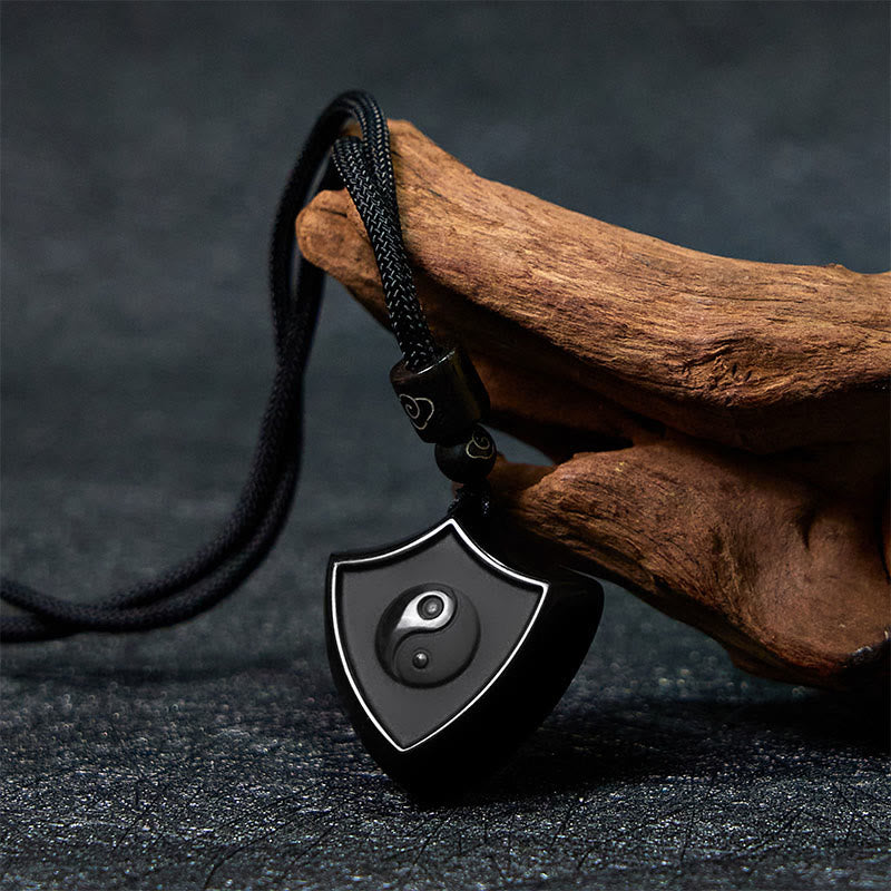 Colgante de collar con símbolo de fuerza Yin Yang con diseño de escudo de obsidiana negra y Buddha Stones - image 2