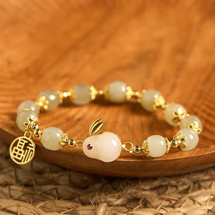 Pulsera de la abundancia de conejo de la marca Fu con personajes Fu de jade hetiano natural de Buddha Stones