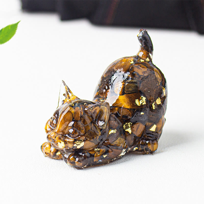 Buddha Stones Decoración de meditación con grava de cristal de resina con forma de gato estirándose - Ojo de tigre - 4,5*3*4,2 cm - image 10