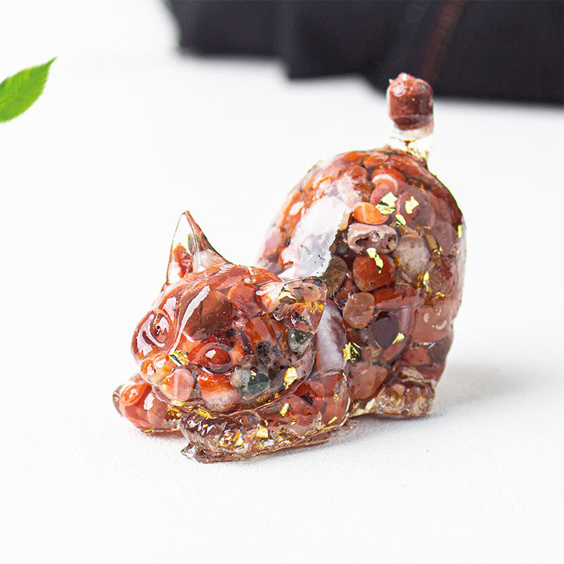 Buddha Stones Decoración de meditación con grava de cristal de resina con forma de gato estirándose - Ágata roja - 4,5*3*4,2 cm - image 23