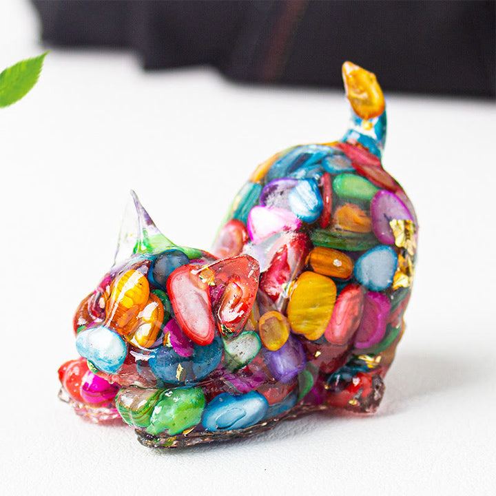 Buddha Stones Decoración de meditación con grava de cristal de resina con forma de gato estirándose - Concha colorida - 4,5*3*4,2 cm - image 25